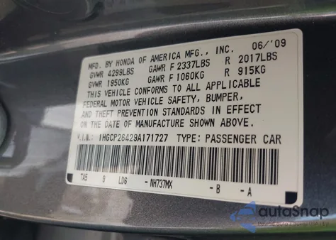 2009 Honda Accord Lxp from USA, damaged, VIN 1HGCP26429A171727
